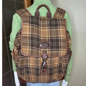 Fossil Flannel Plaid Alpine Brown Backpack Rucksack Leather Accents Drawstring